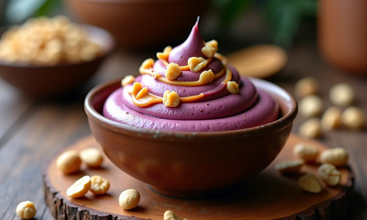 Mousse de açaí com pasta de amendoim e amendoim picado.