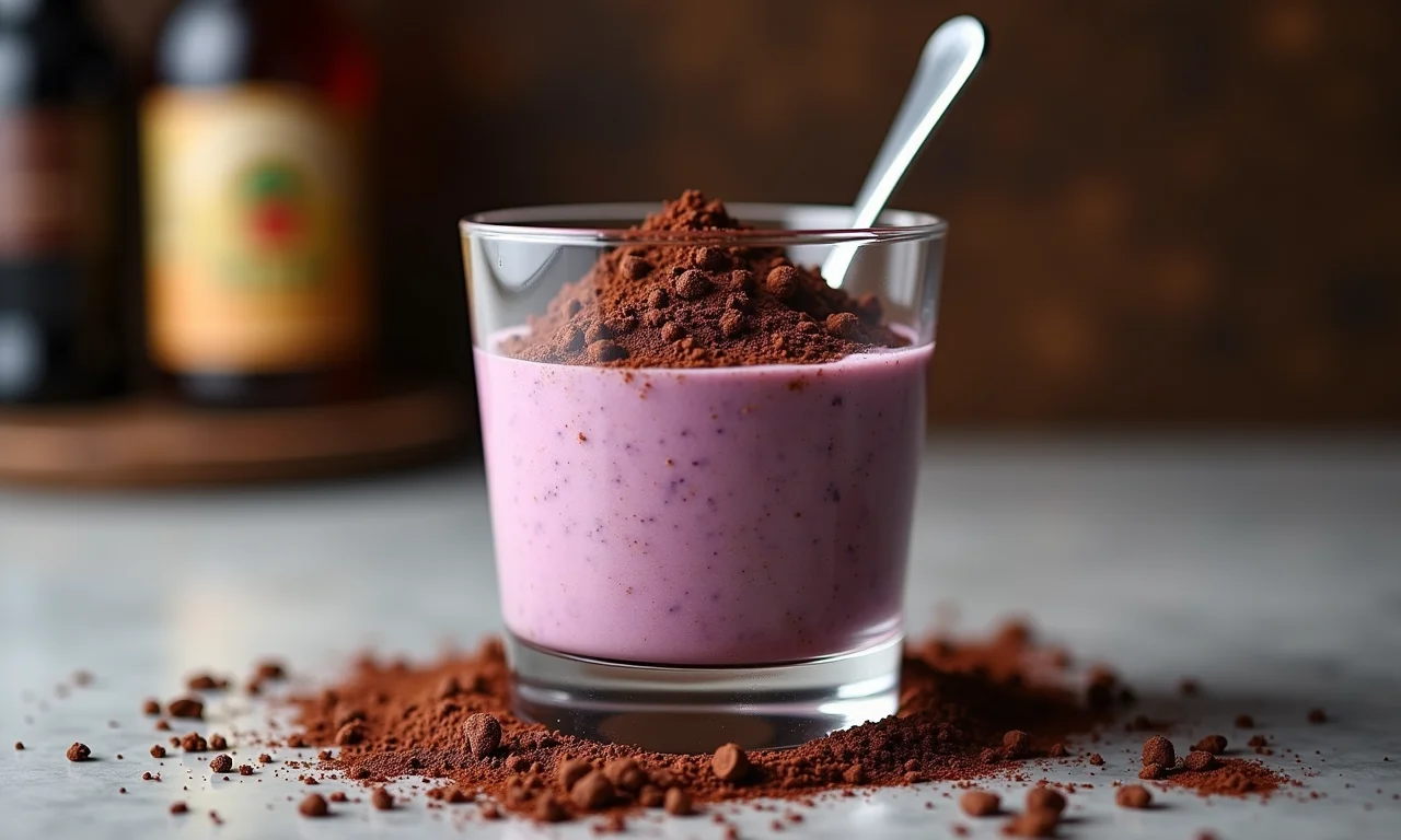 Mousse de açaí com raspas de chocolate e cacau em pó.