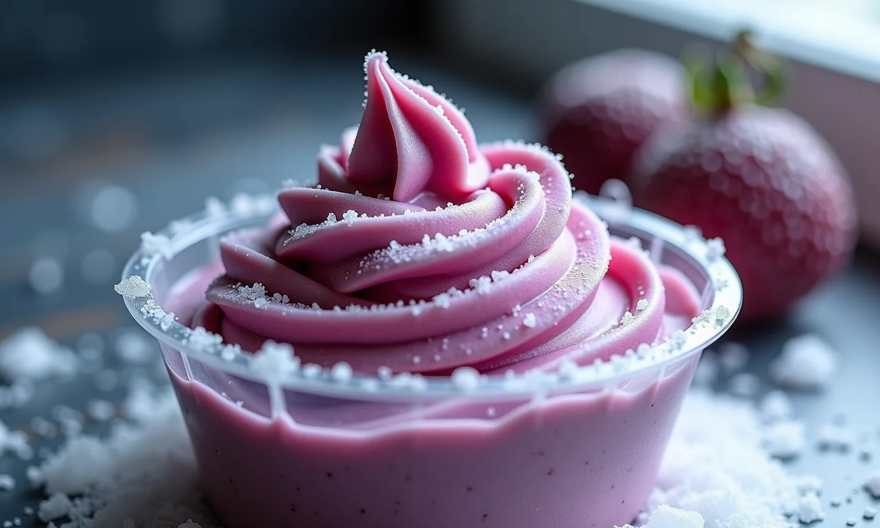 Mousse de açaí congelado em um recipiente.