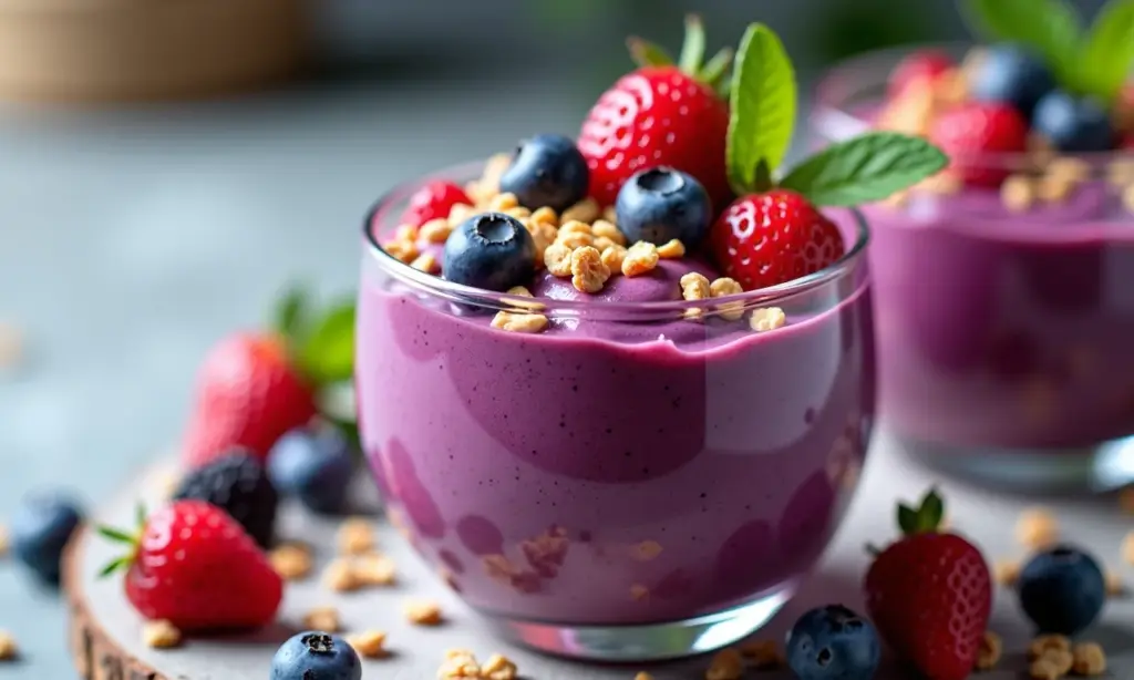 Mousse de açaí cremoso com frutas vermelhas e granola.