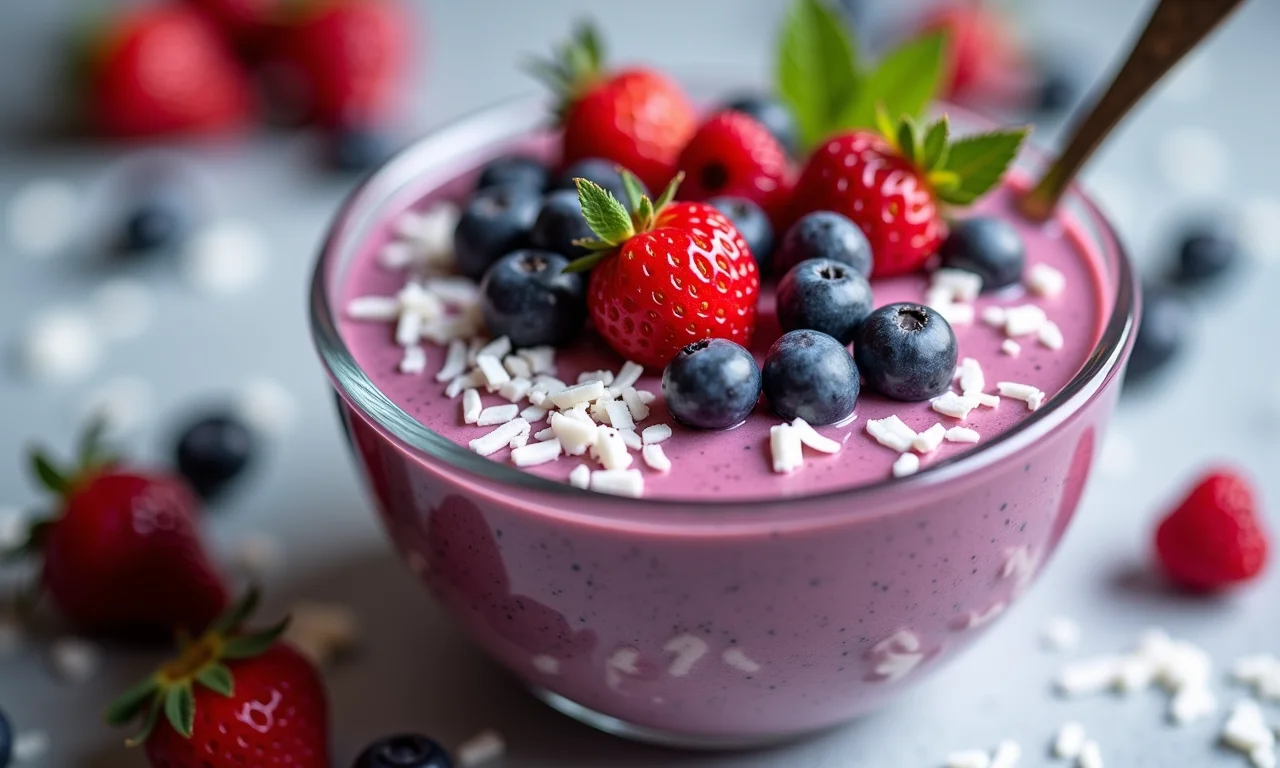 Mousse de açaí vegano com leite vegetal e coco ralado.