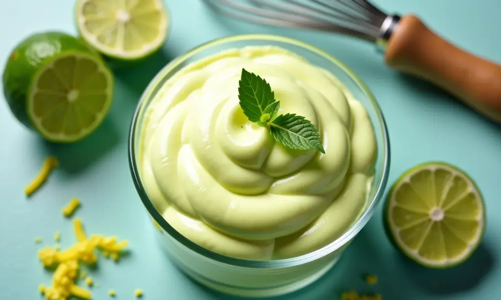 Mousse de limão cremosa em uma tigela de vidro.