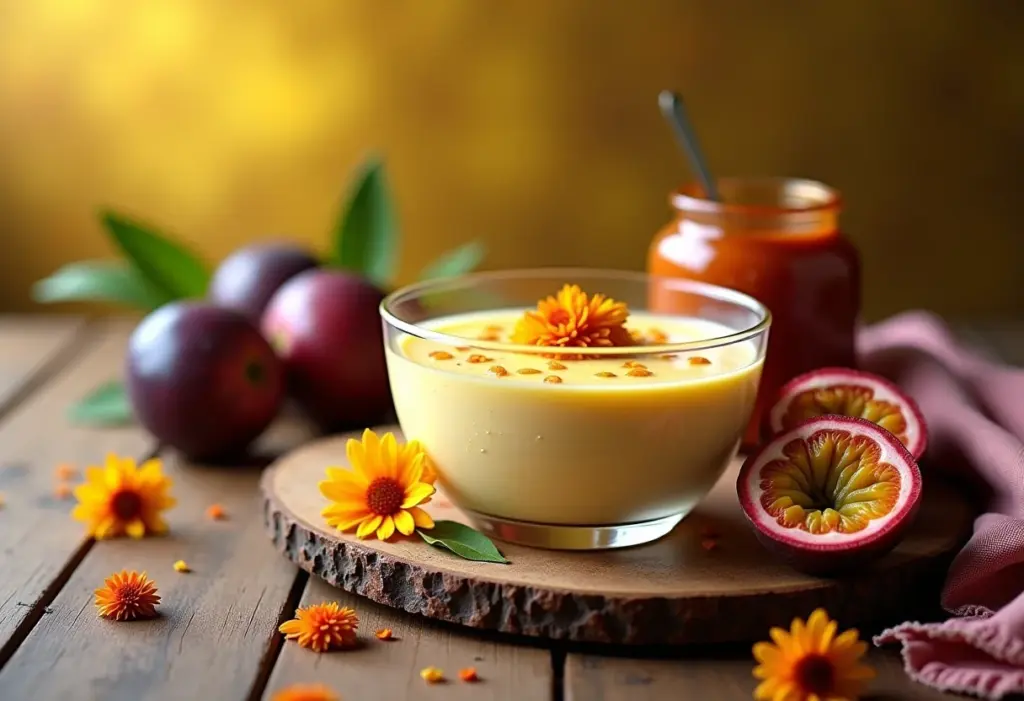 Mousse de maracujá caseira em mesa rústica