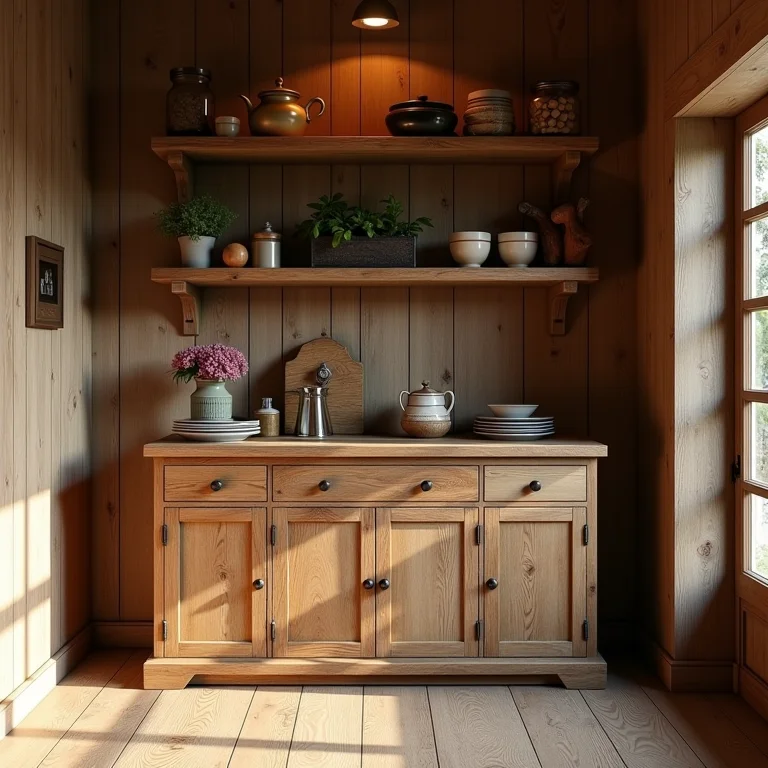 Móveis de madeira maciça em uma despensa rústica.