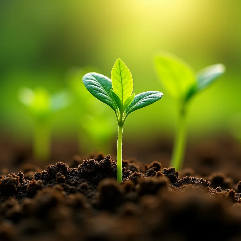 Mudas crescendo em solo enriquecido com turfa, demonstrando a absorção de nutrientes.