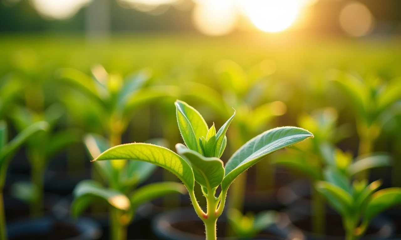 Mudas de maracujá doce saudáveis em viveiro.