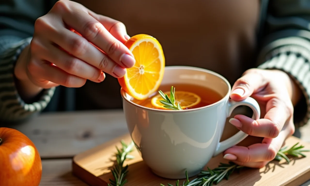 Mulher adicionando laranja ao chá de maçã com alecrim.