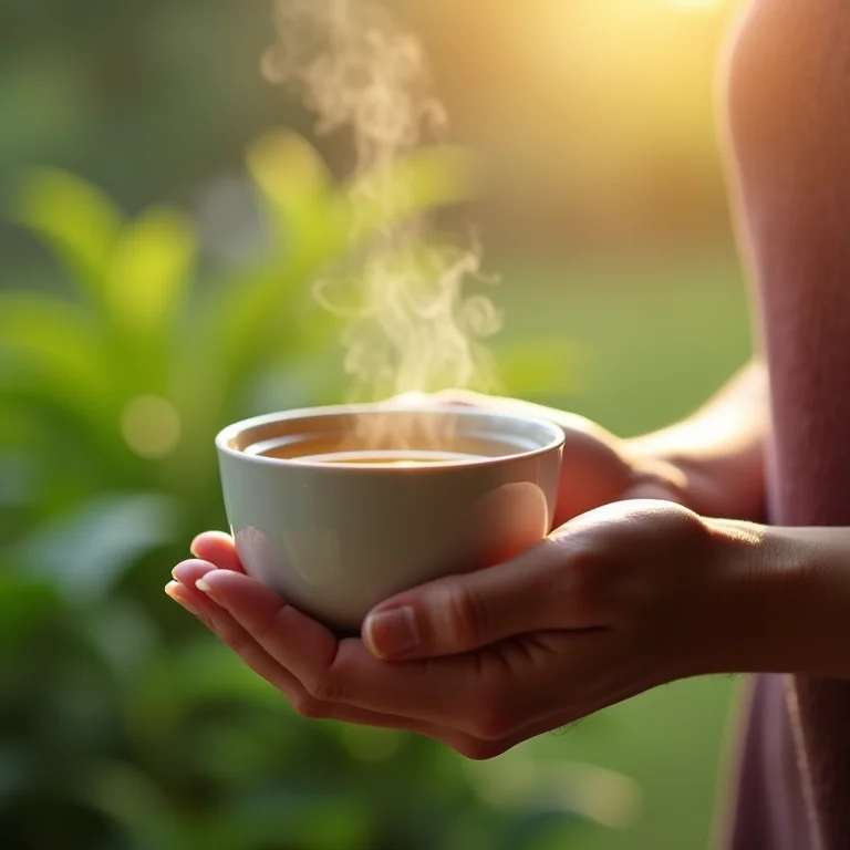 Mulher aliviada bebendo chá de cipó-mil-homens