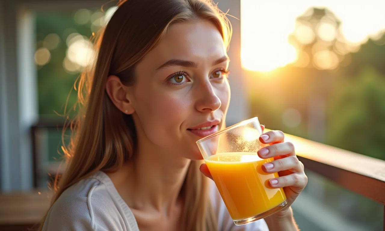 Mulher apreciando suco de manga pela manhã.