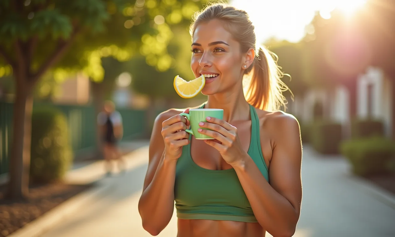 Mulher bebendo chá verde com limão após exercício físico.