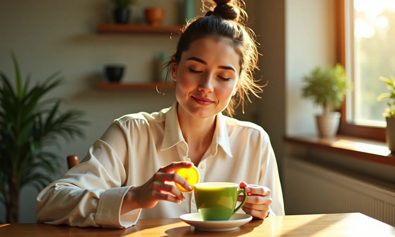 Mulher bebendo chá verde com limão diariamente.