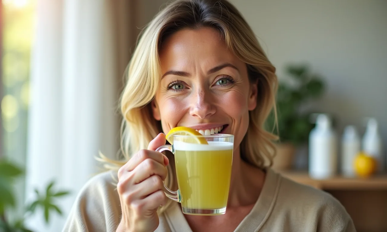 Mulher bebendo chá verde com limão para prevenir o envelhecimento.