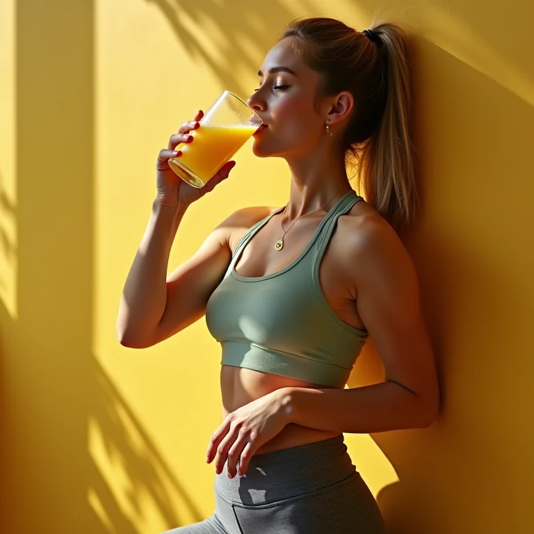Mulher bebendo suco de abobrinha e limão após exercício.