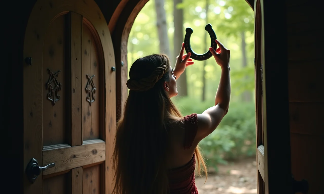 Mulher celta colocando ferradura na porta como proteção.