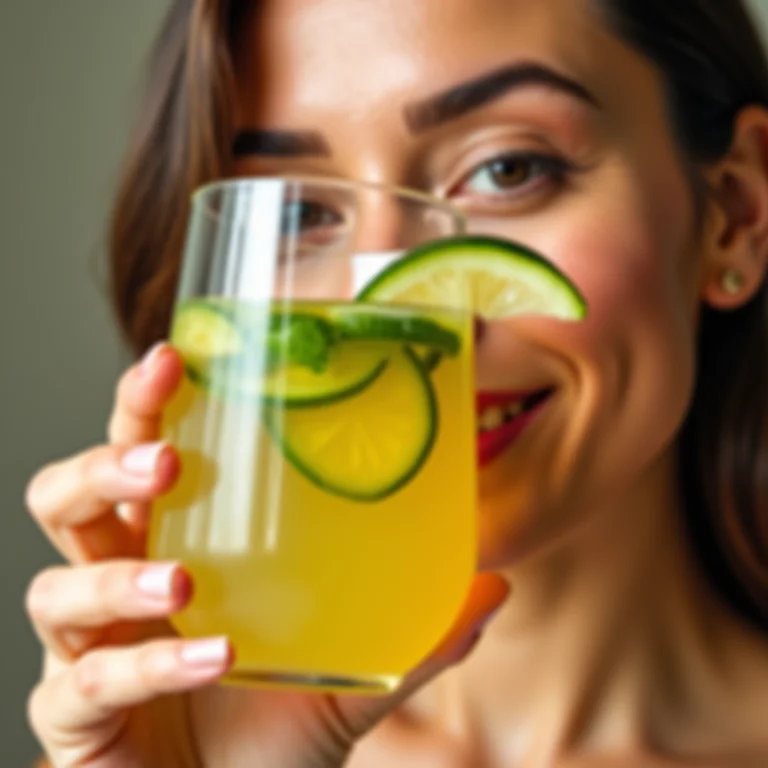 Mulher com pele radiante segurando suco de abobrinha e limão.