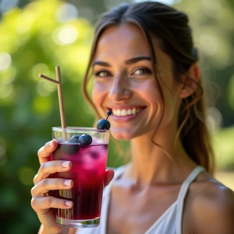 Mulher com pele radiante segurando suco de mirtilo.