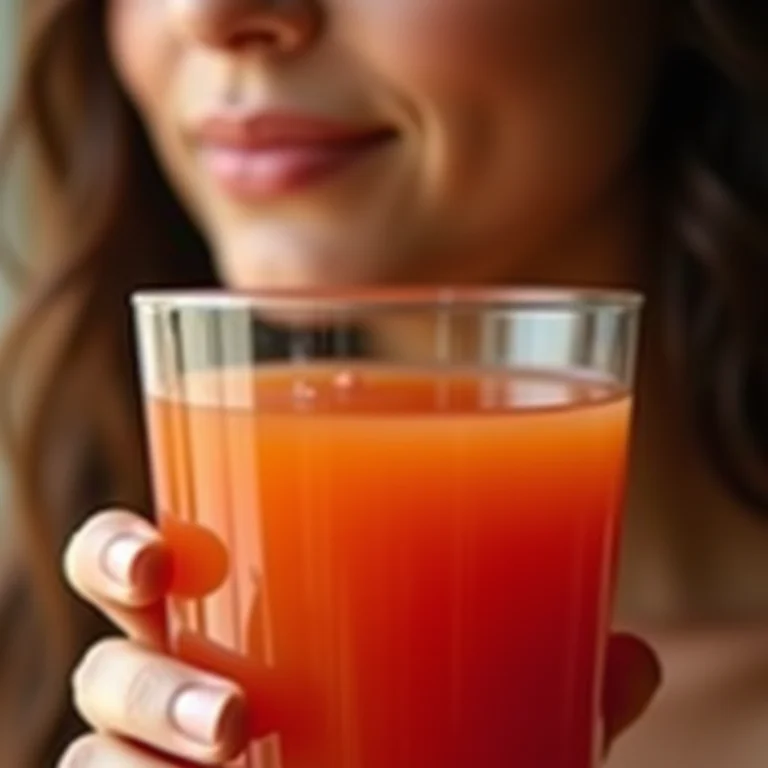 Mulher com pele radiante segurando suco de tomate.