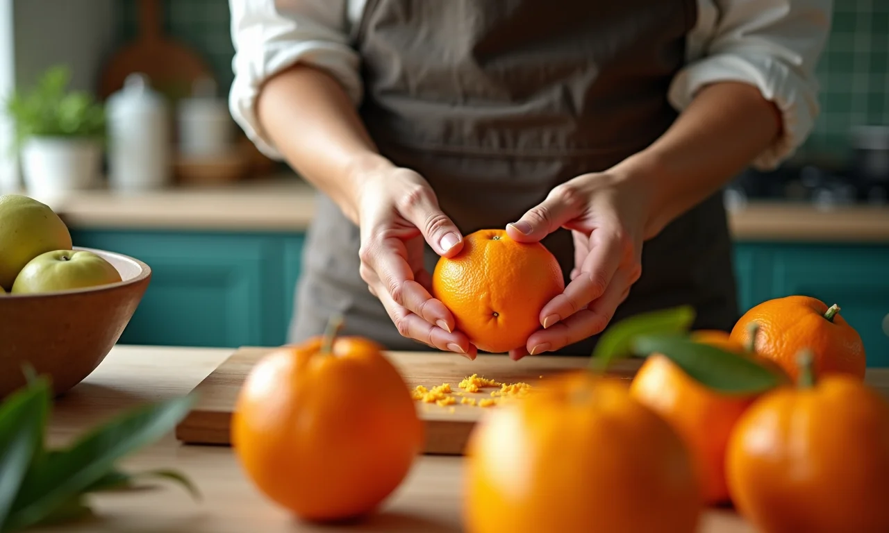 Mulher descascando laranjas com cuidado em cozinha brasileira.