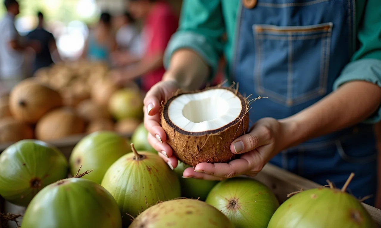 Mulher escolhendo coco fresco no mercado.