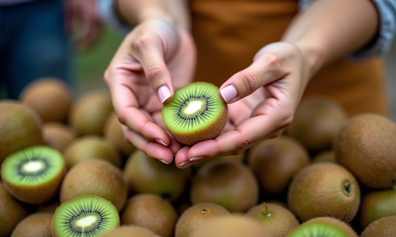 Mulher escolhendo kiwis maduros em um mercado de agricultores, close-up nas mãos.