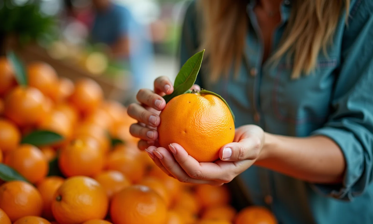 Mulher escolhendo laranjas da terra frescas no mercado.