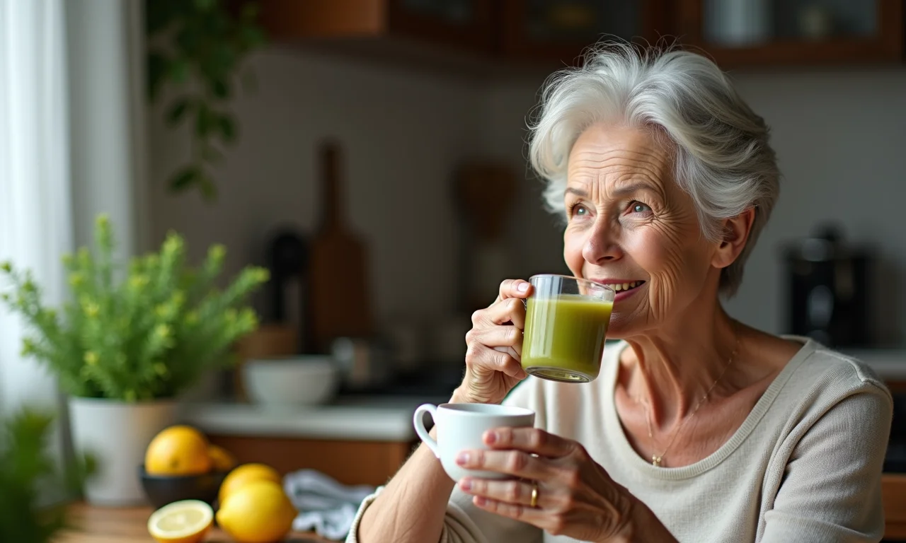 Mulher idosa bebendo chá verde com limão para a saúde do coração.