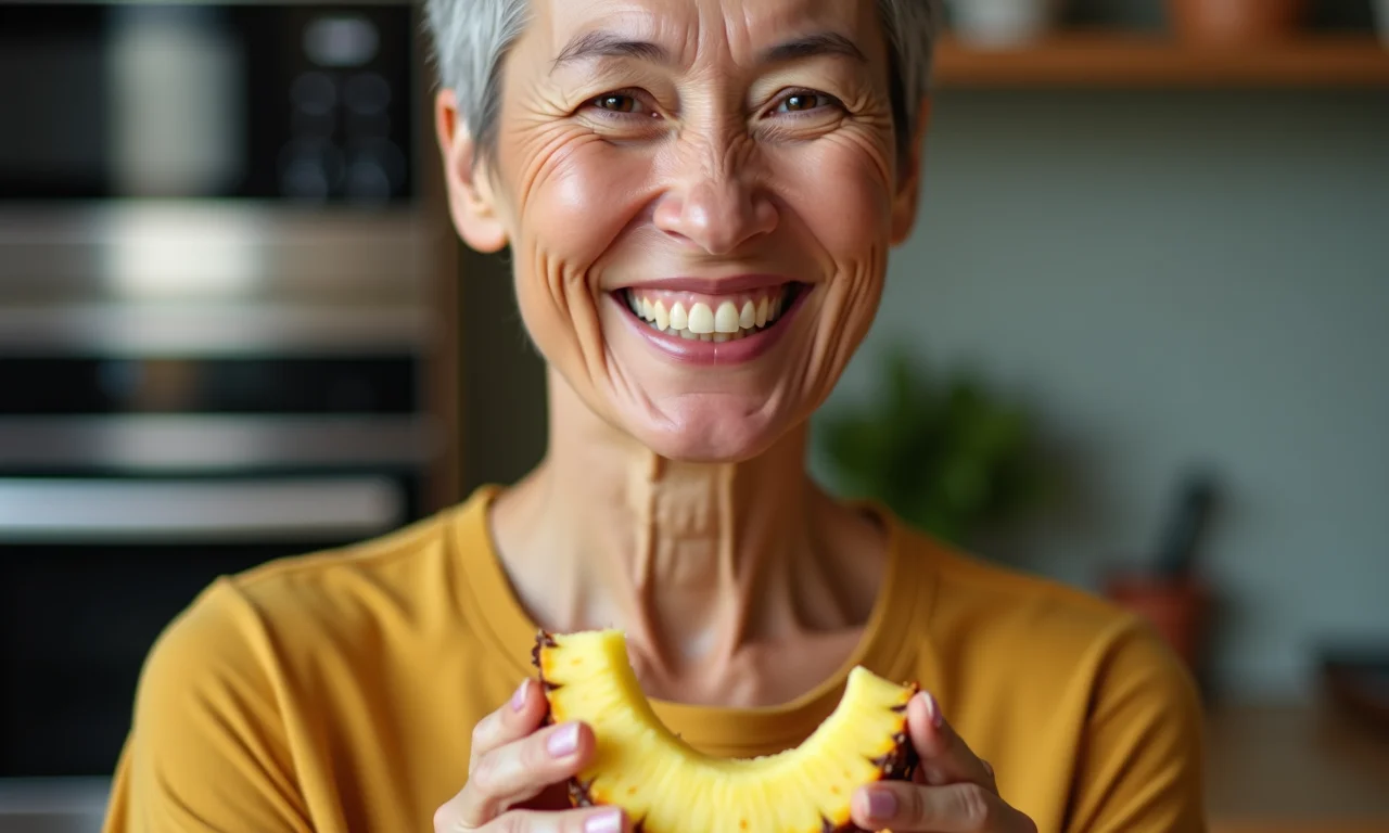 Mulher madura sorrindo com fatia de bolo de casca de abacaxi.