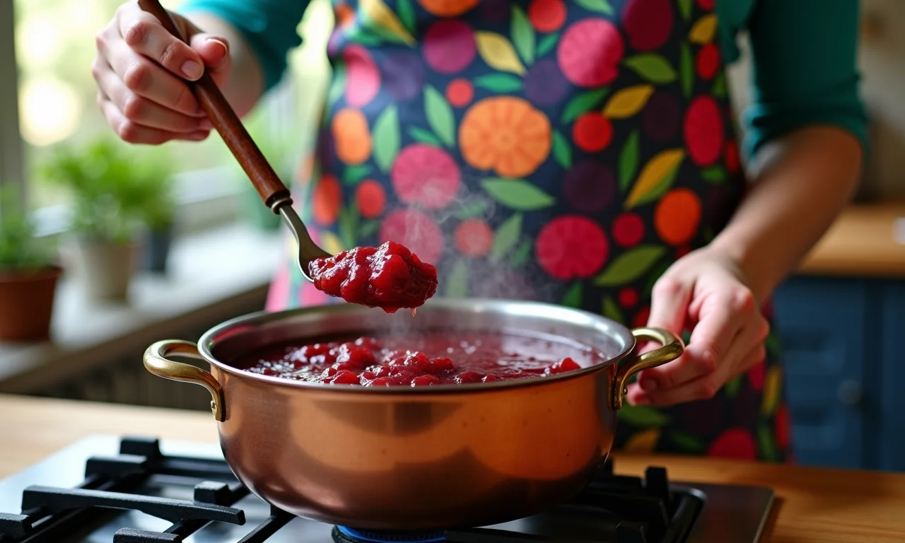 Mulher mexendo geleia de ameixa em panela de cobre, usando adoçante.