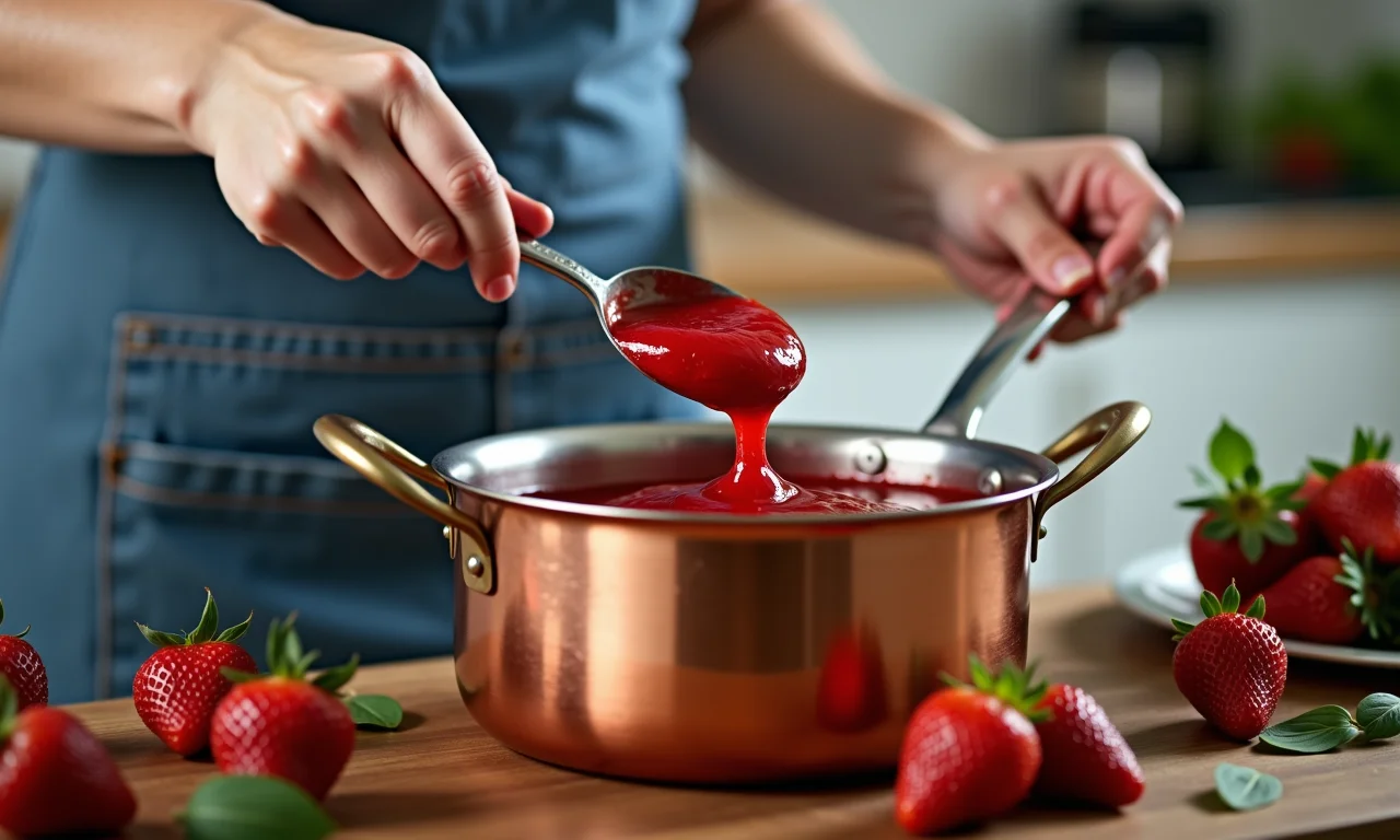 Mulher mexendo geleia de morango em panela de cobre.