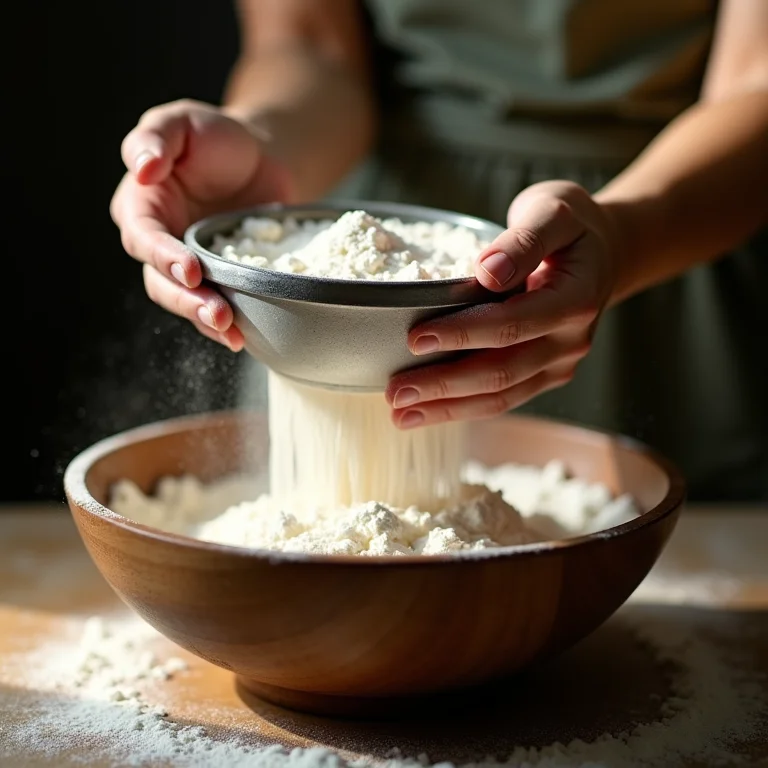 Mulher peneirando farinha de trigo em uma tigela de madeira.
