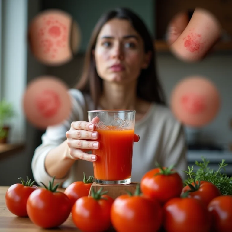 Mulher preocupada segurando suco de tomate com fundo de alergias