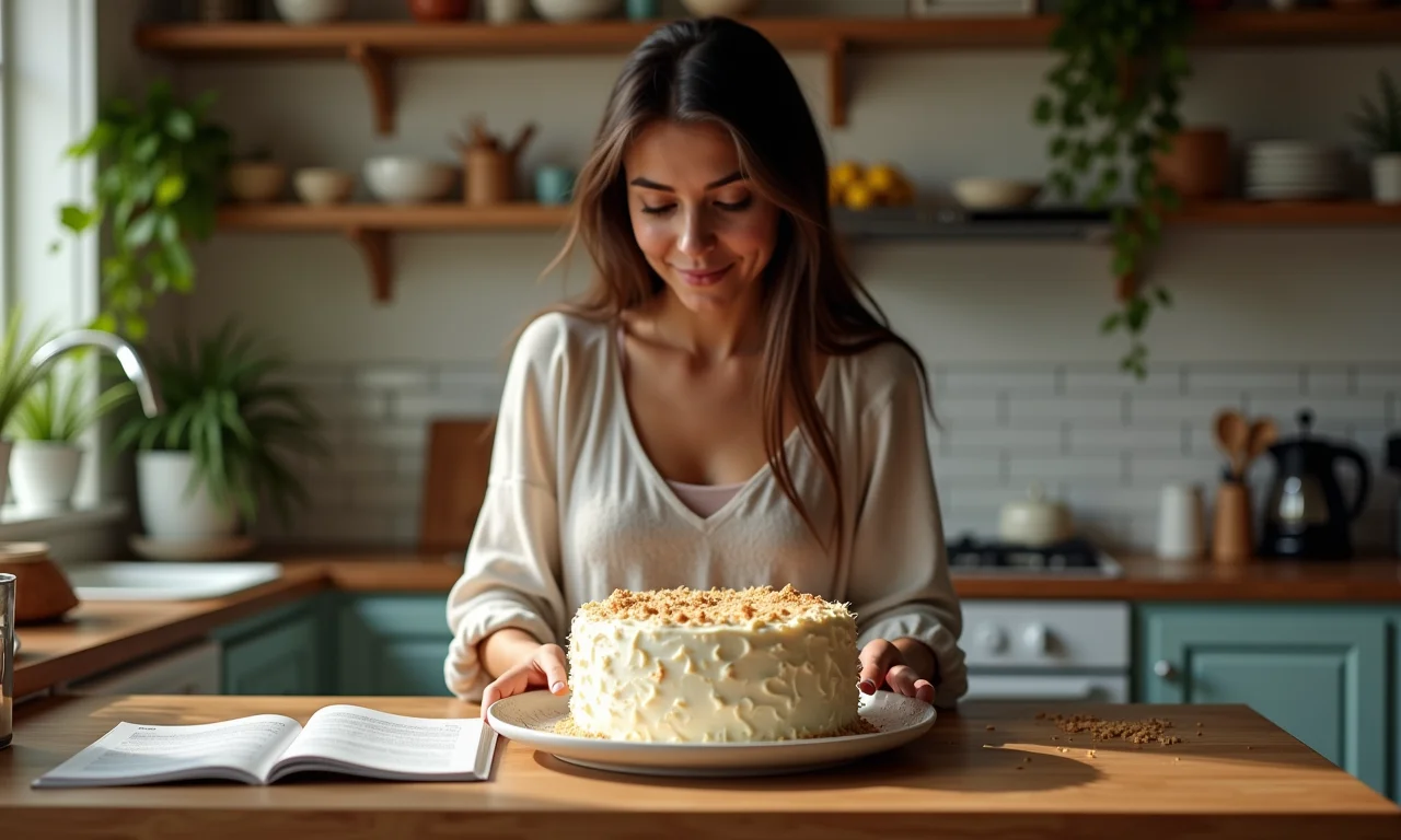 Mulher preparando bolo de coco cremoso em cozinha aconchegante.