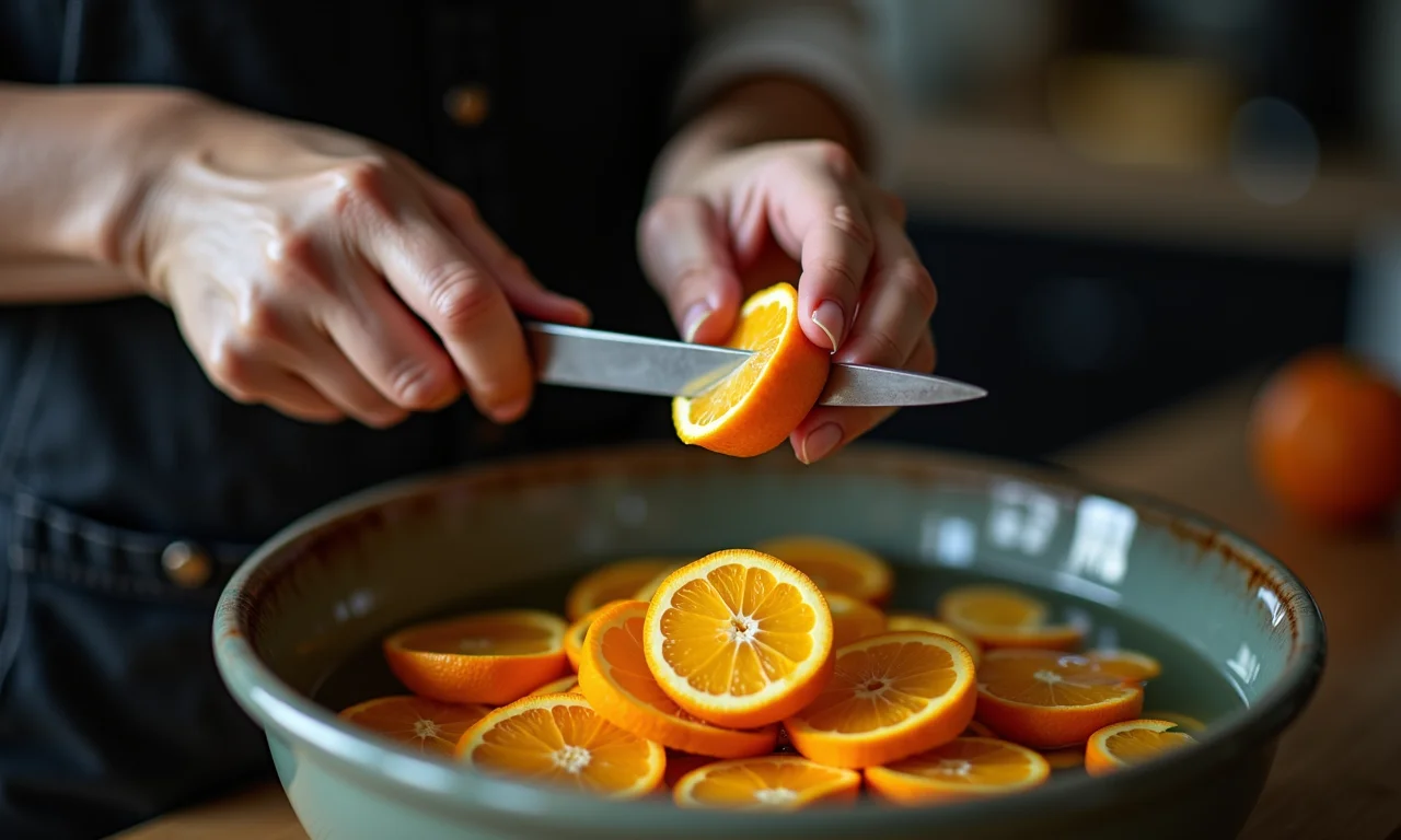 Mulher preparando cascas de laranja para doce.