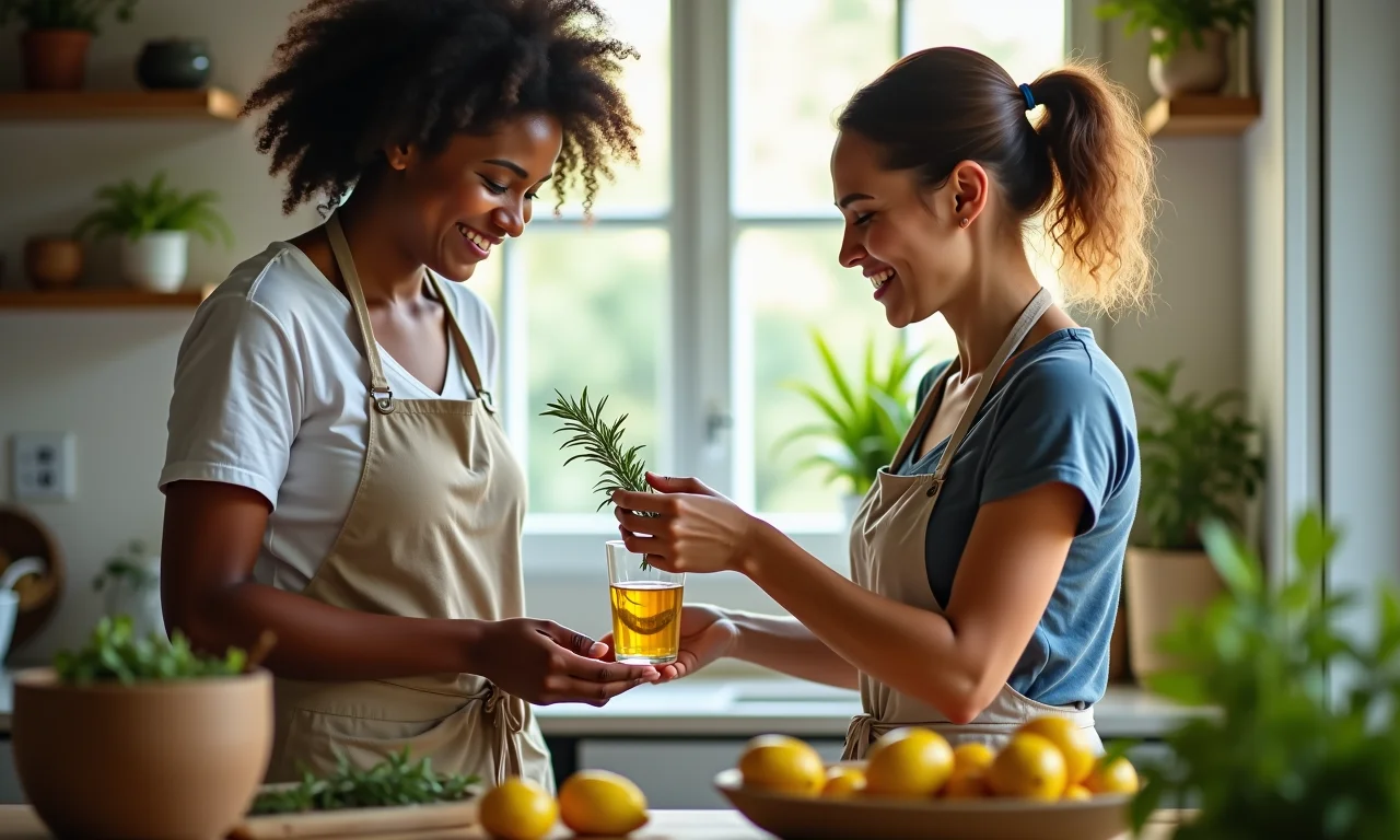 Mulher preparando chá de alecrim e limão em cozinha ensolarada.