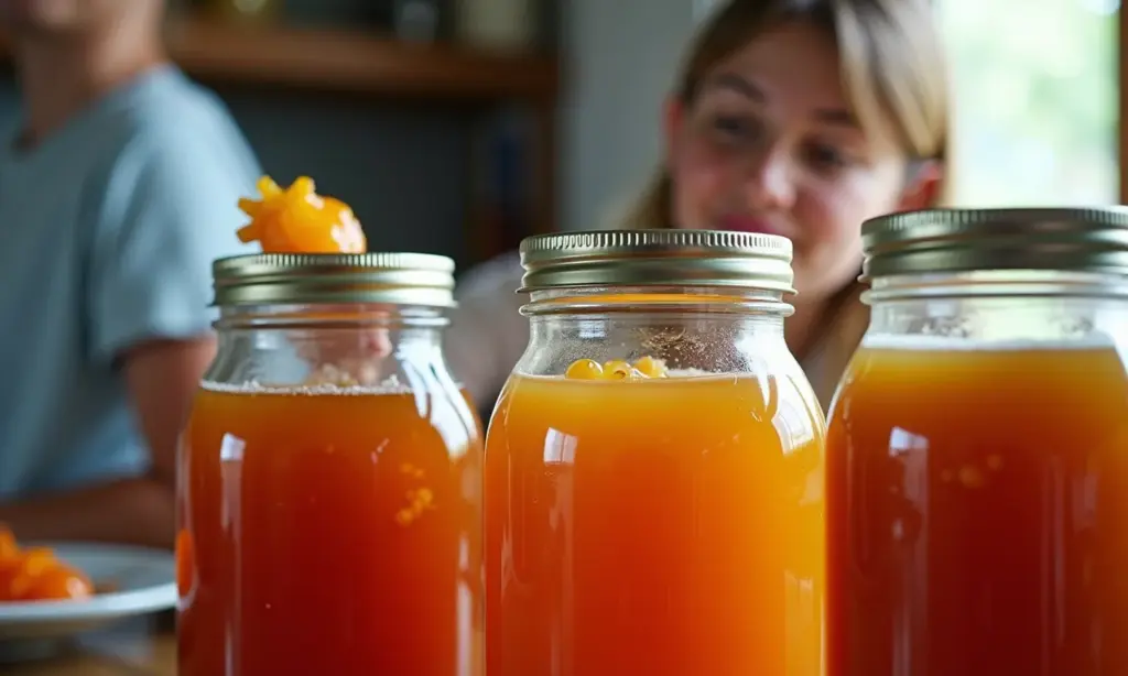 Mulher preparando geleia caseira em potes esterilizados.