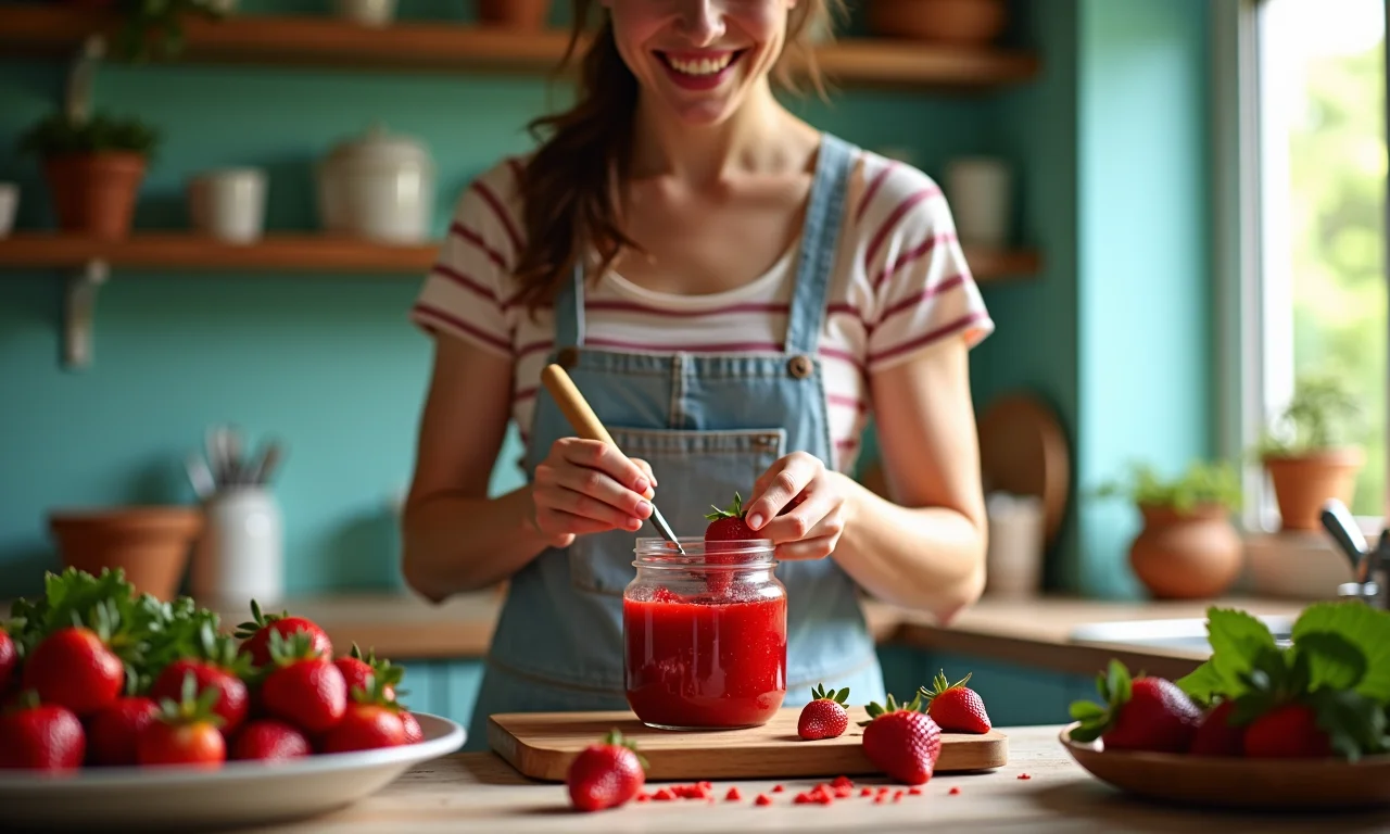 Mulher preparando geleia de morango em cozinha colorida.