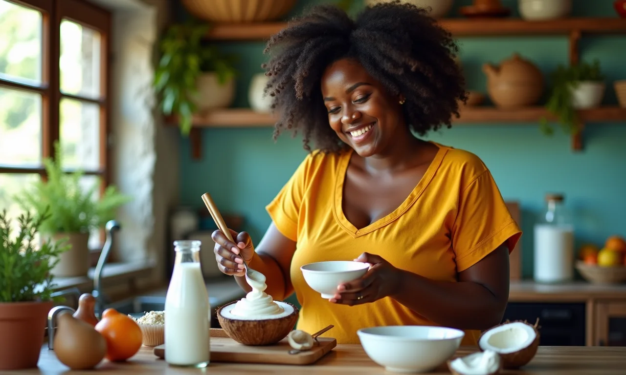 Mulher preparando sacolé de coco vegano com creme de coco e leite vegetal.