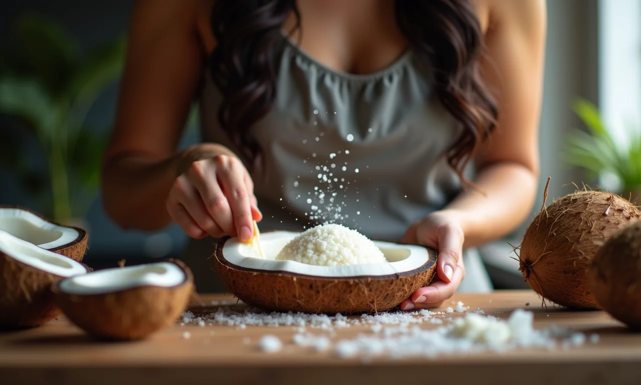Mulher preparando sacolé de coco, verificando a textura cremosa.