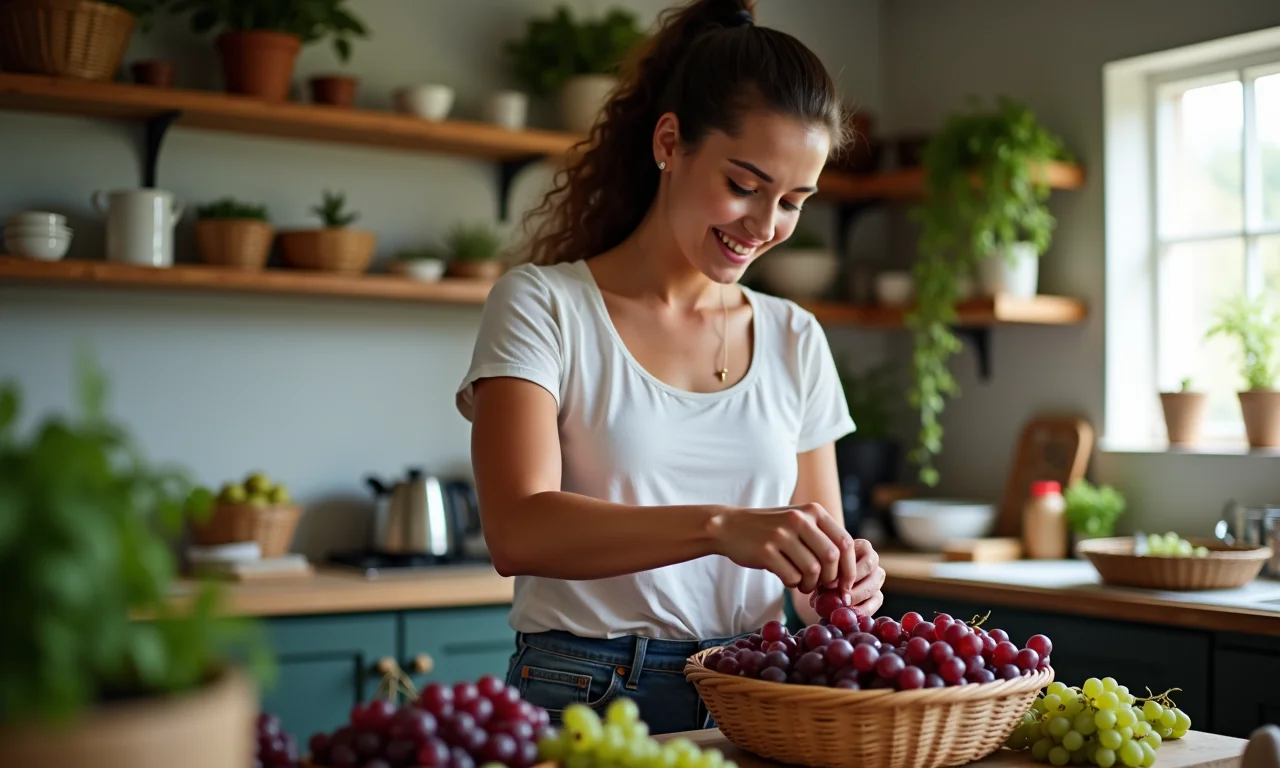 Mulher preparando suco de uva, enfatizando os antioxidantes naturais.