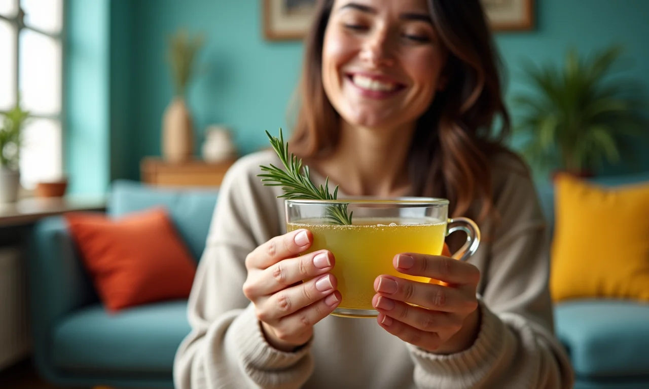 Mulher relaxada bebendo chá de alecrim e limão em sala colorida.