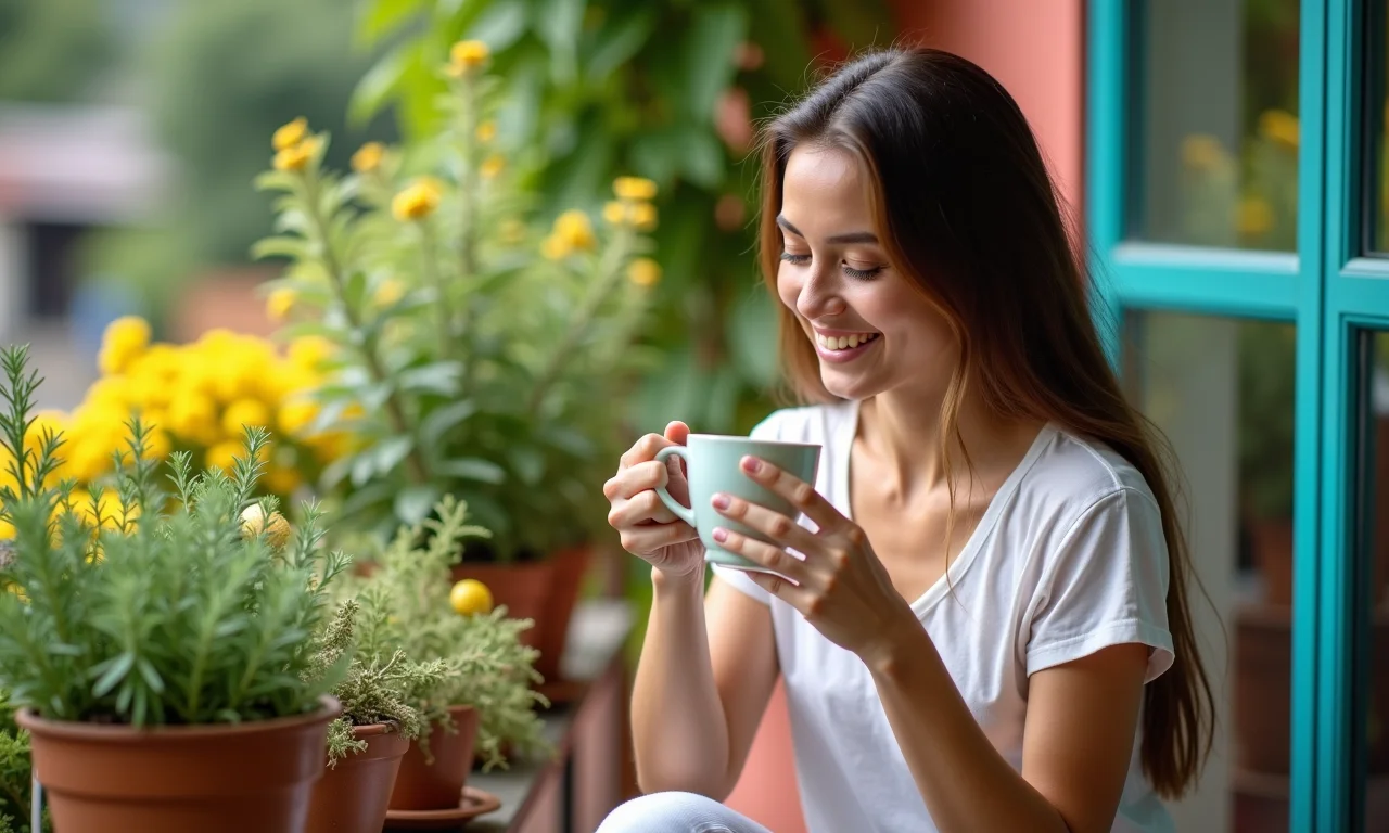 Mulher relaxando com chá de alecrim e limão em varanda.