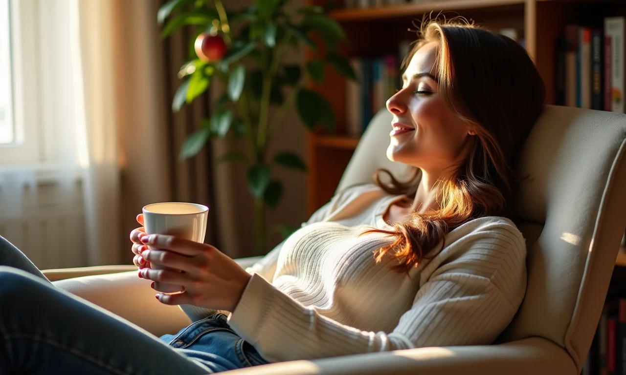 Mulher relaxando com chá de maçã com alecrim à noite.