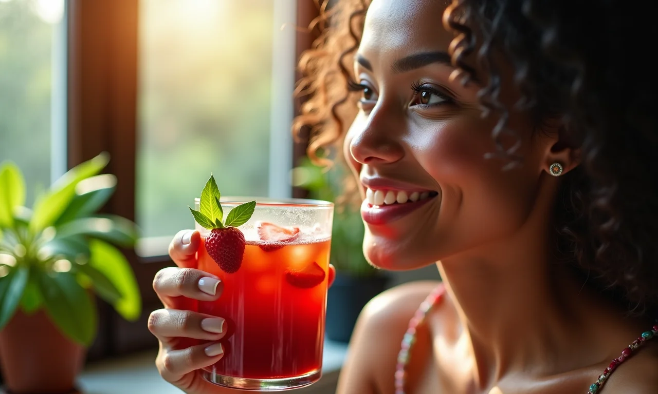 Mulher saboreando chá de morango com manjericão em ambiente aconchegante.