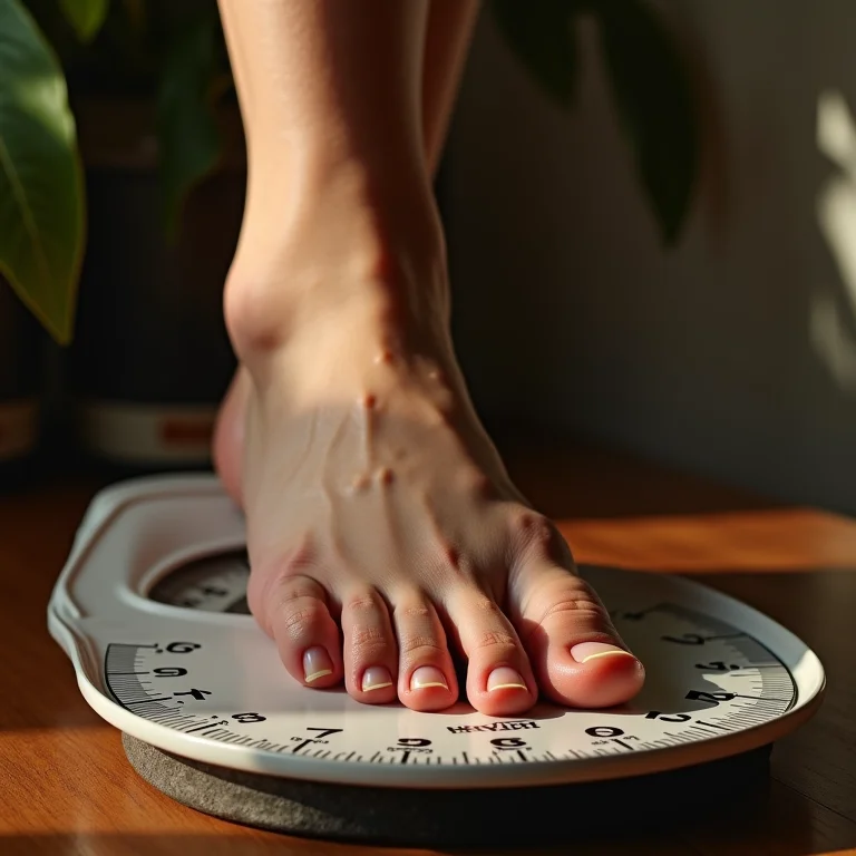 Mulher se pesando após tomar chá de goiaba com hortelã