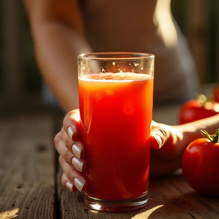 Mulher segurando suco de tomate com pele radiante