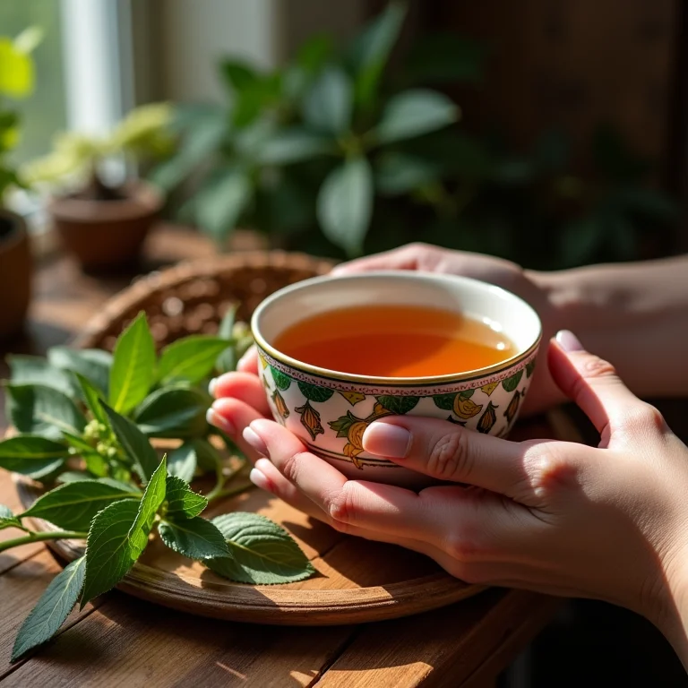 Mulher segurando xícara de chá chai ao lado de cesta de ervas.
