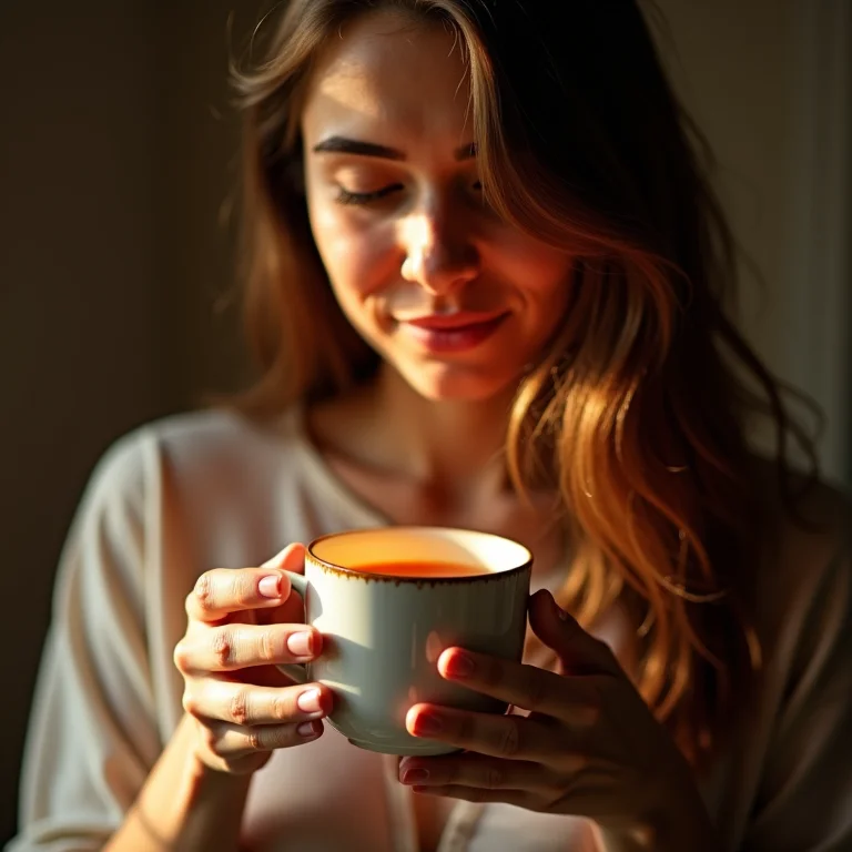 Mulher segurando xícara de chá de cravo e canela, representando o alívio das cólicas menstruais.