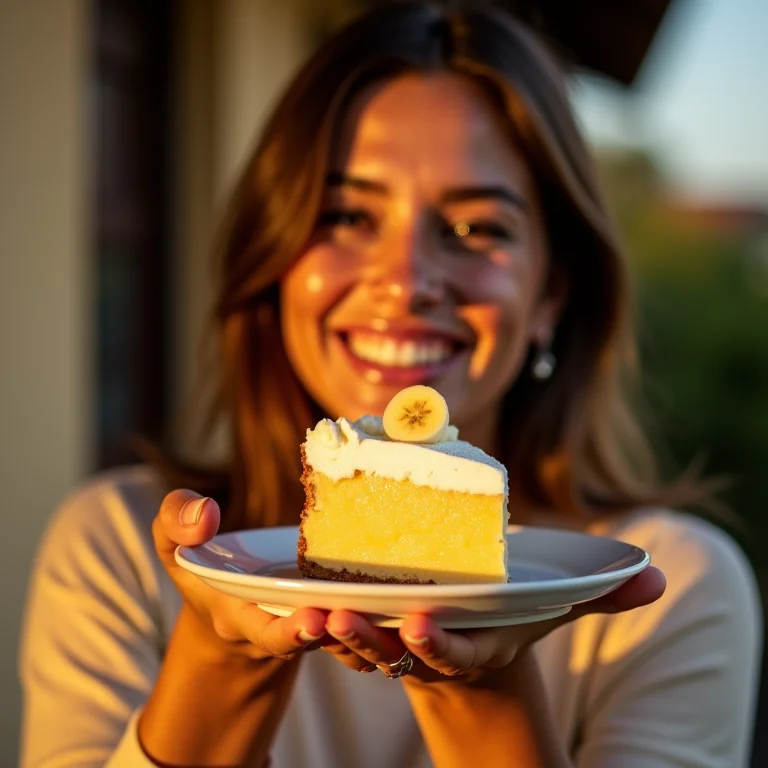 Mulher sorrindo com fatia de pudim de banana.