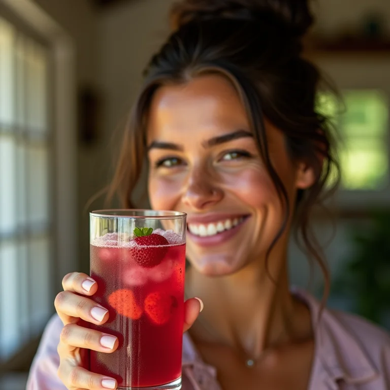 Mulher sorrindo com kombucha de hibisco para cuidar da pele.