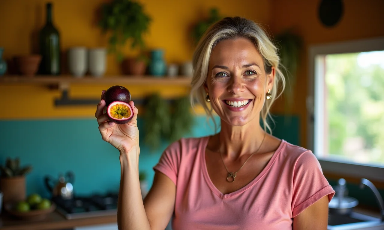 Mulher sorrindo com maracujá doce recém-colhido na cozinha.
